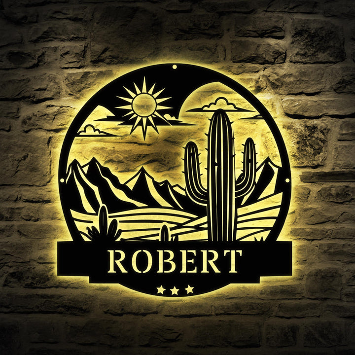 Cactus Custom Metal Sign, Personalized Cactus with Led Lights, Monogram Sign, Metal Wall Art Decor, Gift For Dad, Housewarming gift