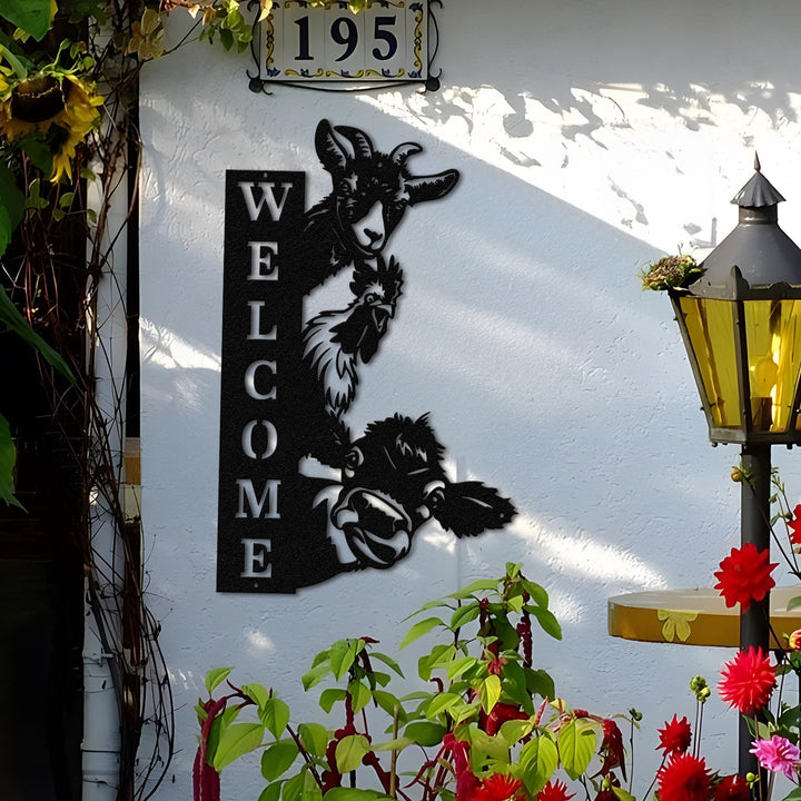 Custom Farm House Metal Sign, Cow Sheep Sign, Welcome Farm Sign, Personalized Wall Art, Ranch Decor, Goat Cow Chicken sign, Address Sign
