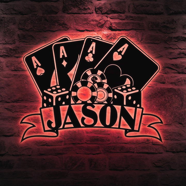 Personalized Poker Metal Wall Art With Lights, Gift For Poker Lover, Poker Game Room Decor, Gamer Gift Custom Monogram Sign Ace Quad Sign