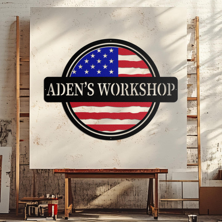Custom American Flag Workshop Sign | Metal Shop Sign | Free Shipping | Dad Shop | Garage Sign | USA | Freedom | Saw blade | Valentine's day