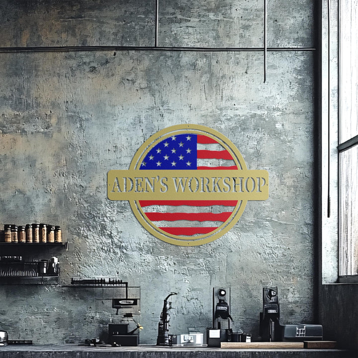 Custom American Flag Workshop Sign | Metal Shop Sign | Free Shipping | Dad Shop | Garage Sign | USA | Freedom | Saw blade | Valentine's day