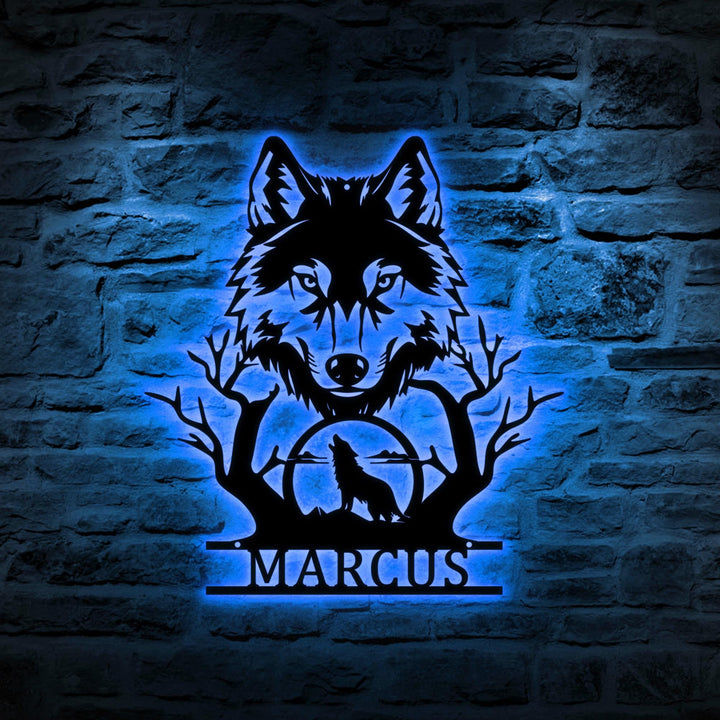 Personalized Wolf Howling Metal Ranch Sign LED Light, Custom Wolf Name Wall Art Decor, Hunting Sign, Farm Sign, Wolf Cabin Sign
