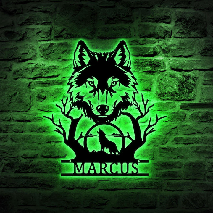 Personalized Wolf Howling Metal Ranch Sign LED Light, Custom Wolf Name Wall Art Decor, Hunting Sign, Farm Sign, Wolf Cabin Sign