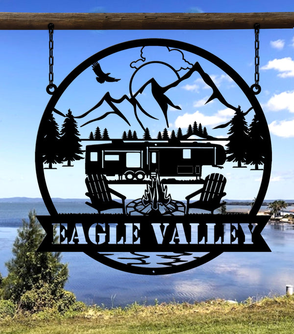 Custom Fifth Wheel Camper RV Metal Sign, Metal Outdoor Camping Sign, Family Camp Sign, Mountain Camping, Campers Gift, Family Name Sign