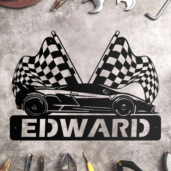 Custom Race Car Custom Name Metal Sign, Race Car Sign, Dirt Track Racing Sign, Race Checkered Flag Name Sign Racing Flag Metal Dad Gift