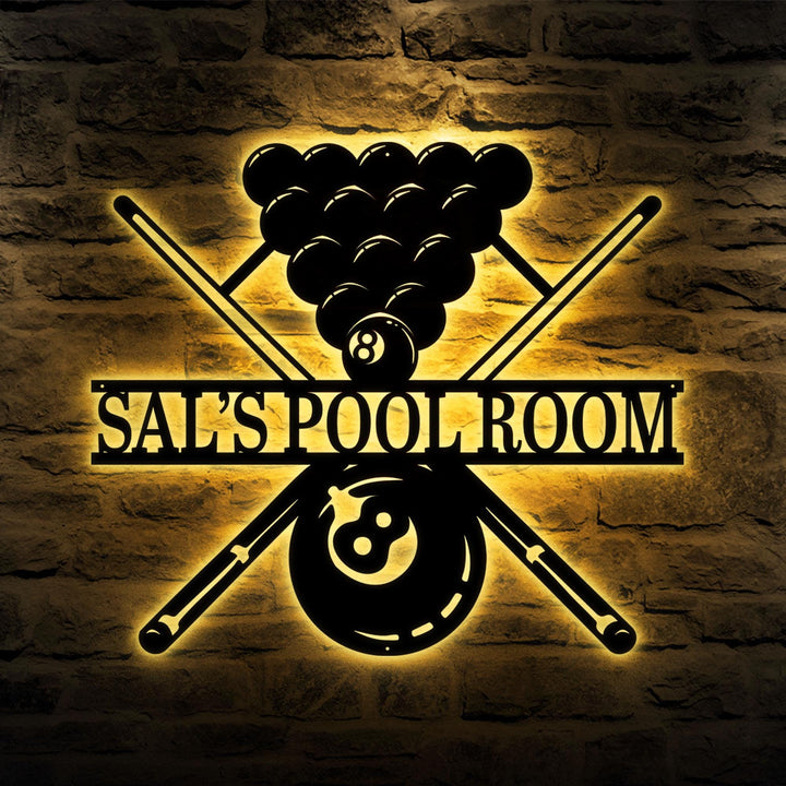 Personalized Billiards Metal Wall Art with LED Light, Custom Snooker Player Name Sign, Pool Room & Club Decor, Gift for Billiards Lovers
