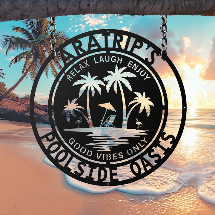 Personalized Family Poolside Metal Sign-palm tree tropical Metal wall Art-Tiki Bar Sign -Backyard Sign Decor-Welcometo The Patio WallHanging