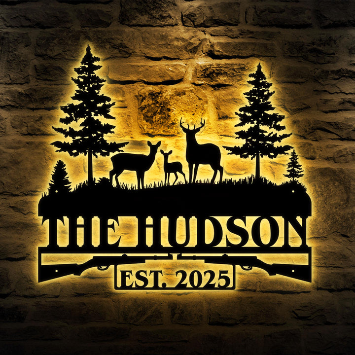 Personalized Hunting Metal Sign with Led Lights, Custom Family Name Sign, Hunting Address Metal Sign, Nature Metal Sign, Housewarming Gift