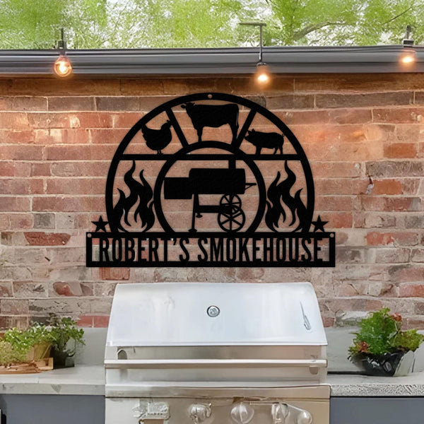 Personalized BBQ Sign Led Lights, Custom Smokehouse Metal Wall Art, Backyard Barbecue Decor, Chef Smoker Kitchen Sign, Grill Master Gift