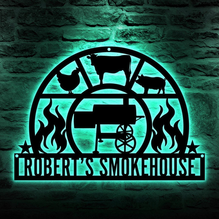 Personalized BBQ Sign Led Lights, Custom Smokehouse Metal Wall Art, Backyard Barbecue Decor, Chef Smoker Kitchen Sign, Grill Master Gift