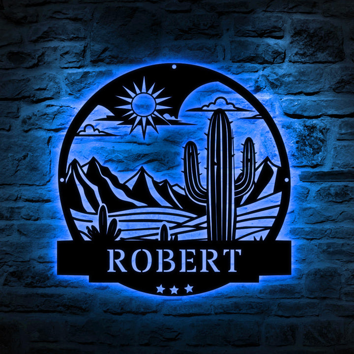 Cactus Custom Metal Sign, Personalized Cactus with Led Lights, Monogram Sign, Metal Wall Art Decor, Gift For Dad, Housewarming gift