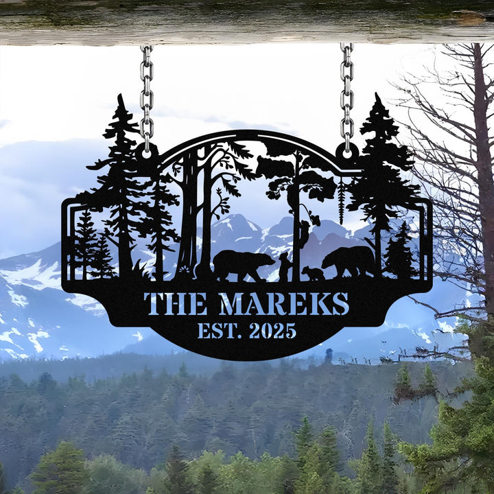 Bear Metal Sign Personalized, Bear In Woods Cabin Sign, Last Name Signs for Home,Family Name Black Bear Sign, Custom Bear Sign Dad Gift Sign