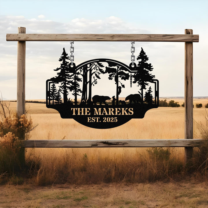 Bear Metal Sign Personalized, Bear In Woods Cabin Sign, Last Name Signs for Home,Family Name Black Bear Sign, Custom Bear Sign Dad Gift Sign