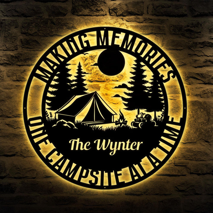 Custom Camping Metal Sign Wall Art with Led Light, Fifth Wheel Sign, Making Memories One Campsite Time, Camping Door Hanger, Camper Decor
