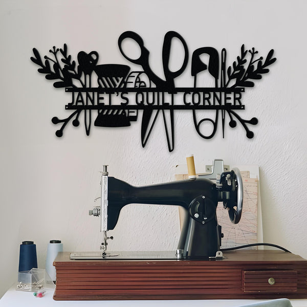 Personalized Sewing Room Metal Sign, Custom Sewing Machine Wall Art, Quilting Room Decor, Tailor Shop Name Sign, Craft Room Wall Decor