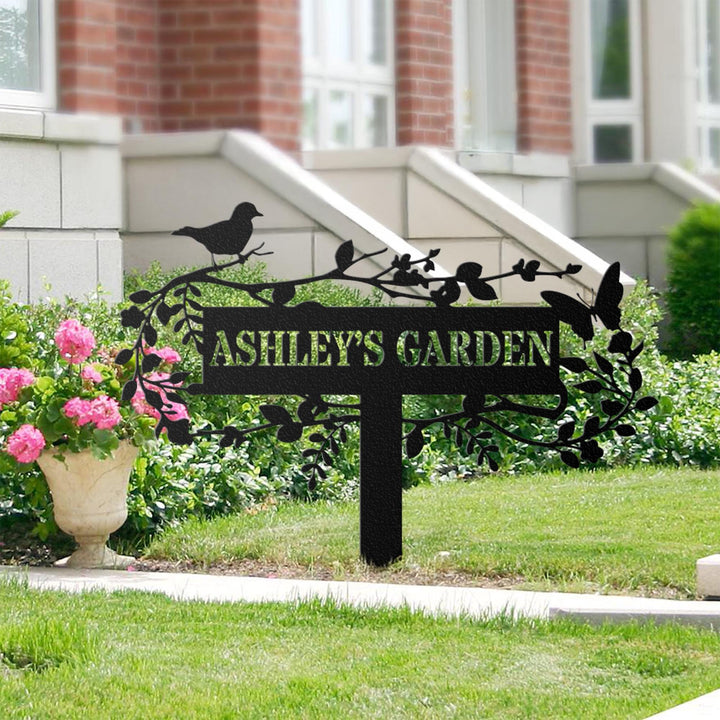 Custom Metal Garden Decor, Bird with Flower Garden Sign, Flower Design, Personalized Garden Sign, Custom Garden Name Sign,Outdoor Yard Decor