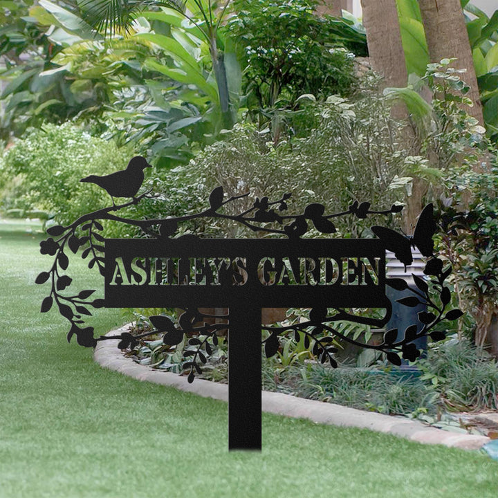 Custom Metal Garden Decor, Bird with Flower Garden Sign, Flower Design, Personalized Garden Sign, Custom Garden Name Sign,Outdoor Yard Decor