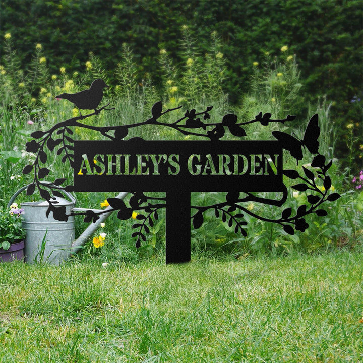 Custom Metal Garden Decor, Bird with Flower Garden Sign, Flower Design, Personalized Garden Sign, Custom Garden Name Sign,Outdoor Yard Decor