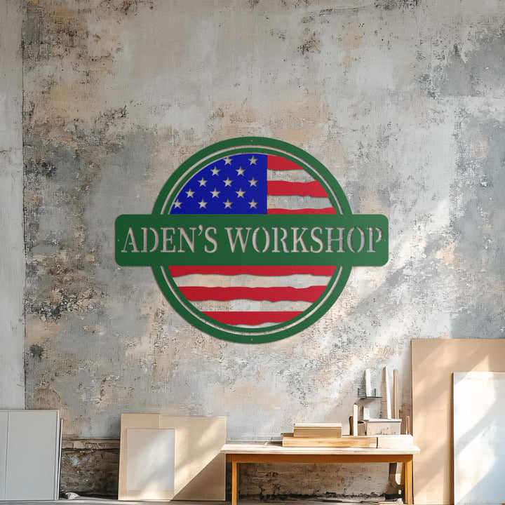 Custom American Flag Workshop Sign | Metal Shop Sign | Free Shipping | Dad Shop | Garage Sign | USA | Freedom | Saw blade | Valentine's day