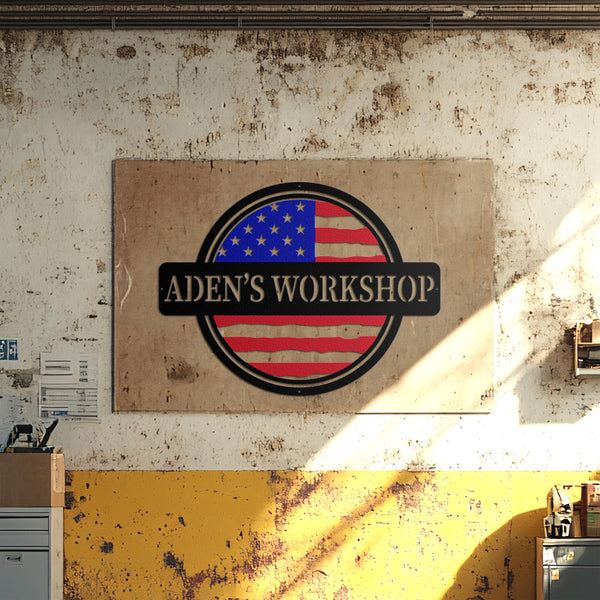 Custom American Flag Workshop Sign | Metal Shop Sign | Free Shipping | Dad Shop | Garage Sign | USA | Freedom | Saw blade | Valentine's day