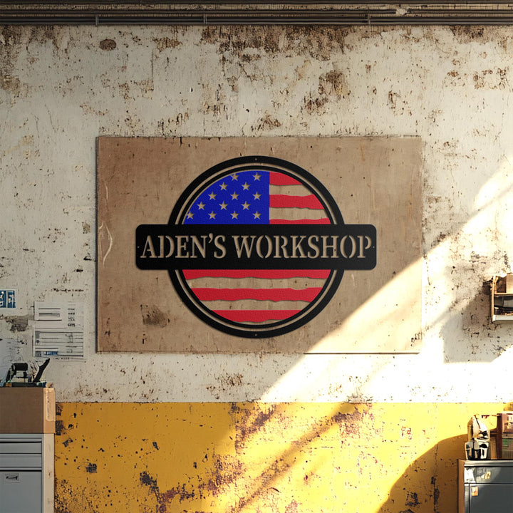 Custom American Flag Workshop Sign | Metal Shop Sign | Free Shipping | Dad Shop | Garage Sign | USA | Freedom | Saw blade | Valentine's day