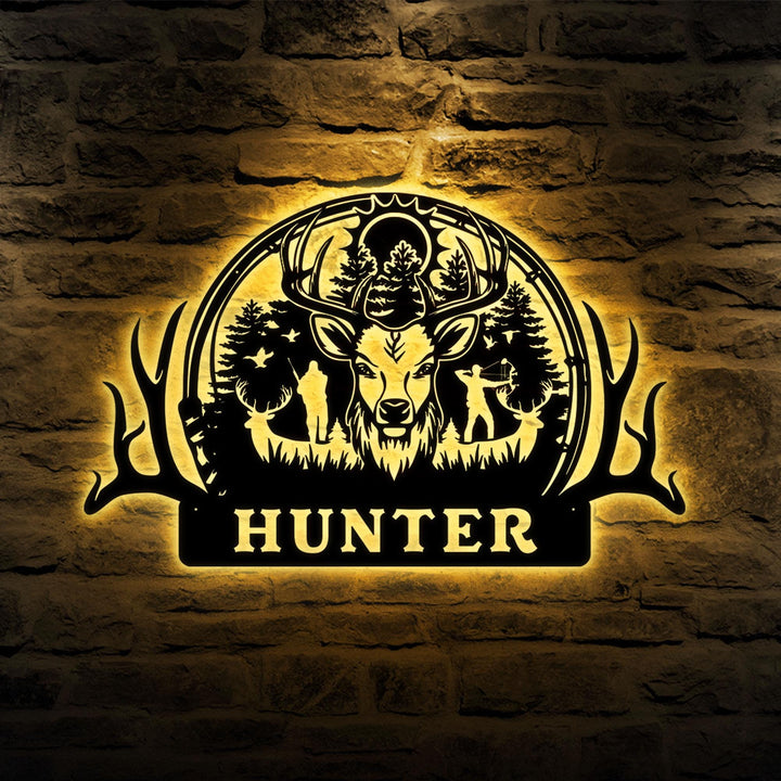 Custom Deer Hunter Metal Sign, Personalized Bow and Hunting Rifle Sign, Deer Hunting Wall Hanging, Hunter Gift, Cabin Sign, Fathers Day Gift