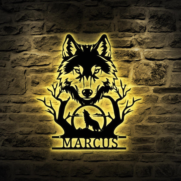 Personalized Wolf Howling Metal Ranch Sign LED Light, Custom Wolf Name Wall Art Decor, Hunting Sign, Farm Sign, Wolf Cabin Sign