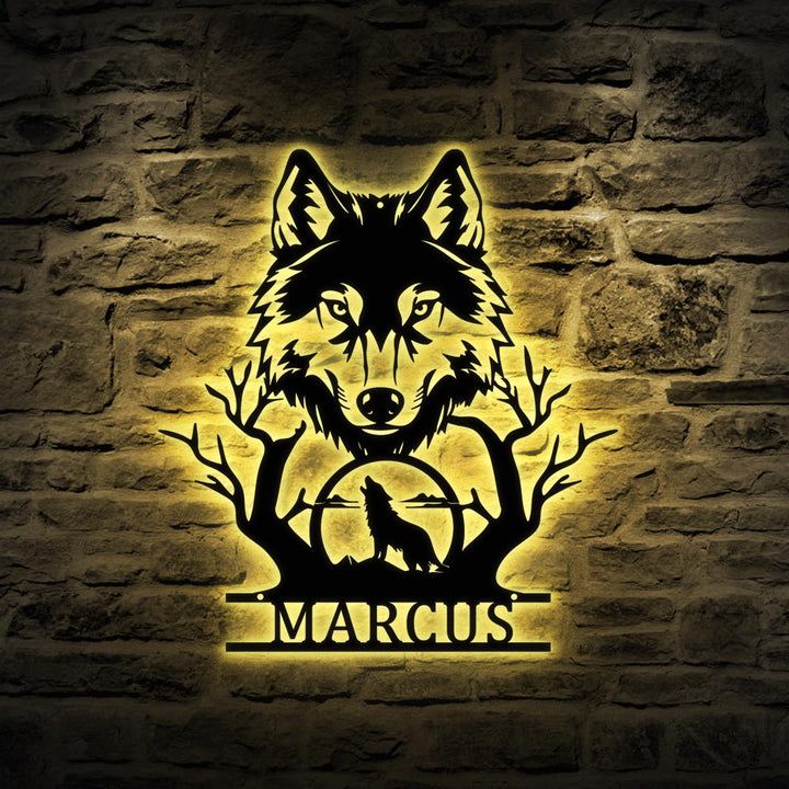 Personalized Wolf Howling Metal Ranch Sign LED Light, Custom Wolf Name Wall Art Decor, Hunting Sign, Farm Sign, Wolf Cabin Sign