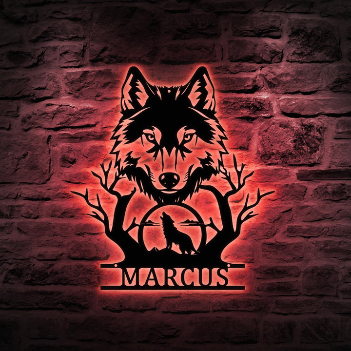 Personalized Wolf Howling Metal Ranch Sign LED Light, Custom Wolf Name Wall Art Decor, Hunting Sign, Farm Sign, Wolf Cabin Sign