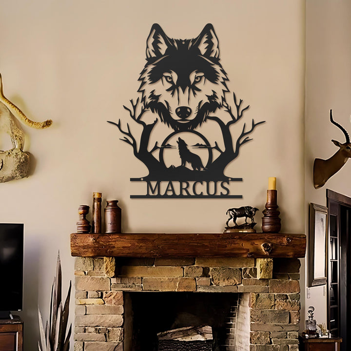 Personalized Wolf Howling Metal Ranch Sign LED Light, Custom Wolf Name Wall Art Decor, Hunting Sign, Farm Sign, Wolf Cabin Sign