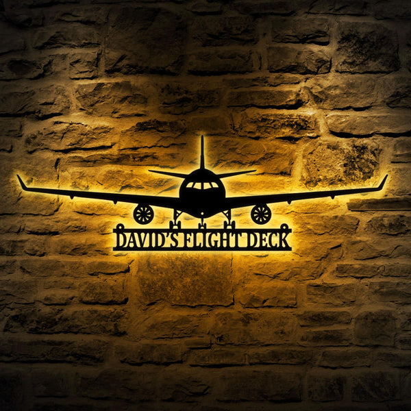Custom Airplane Metal Wall Art LED Light Personalized Pilot Name Sign Home Decor Aircraft Hangar Decoration Airforce Housewarming Xmas Gifts