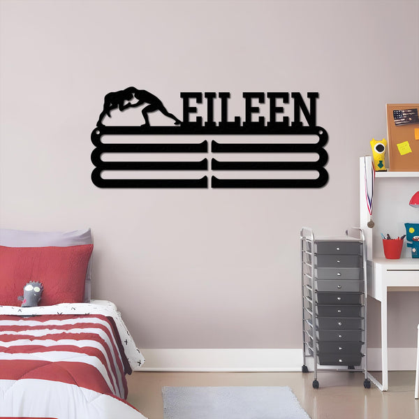 Personalized Wrestling Medal Hanger, Custom Wrestler Name Medal Holder, 6 Rungs for Medals & Ribbons, Wrestling Medal Display Awards Sign