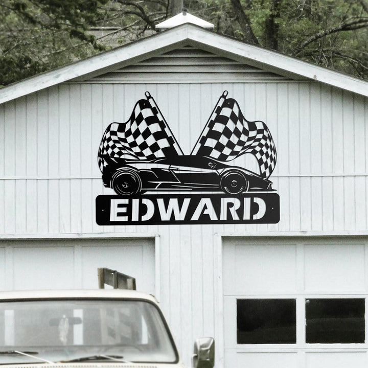 Custom Race Car Custom Name Metal Sign, Race Car Sign, Dirt Track Racing Sign, Race Checkered Flag Name Sign Racing Flag Metal Dad Gift
