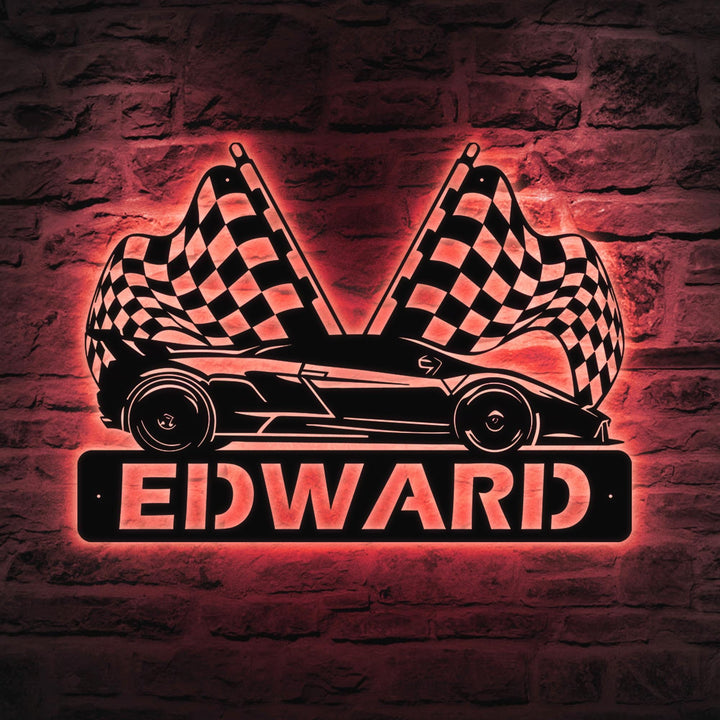 Custom Race Car Custom Name Metal Sign, Race Car Sign, Dirt Track Racing Sign, Race Checkered Flag Name Sign Racing Flag Metal Dad Gift