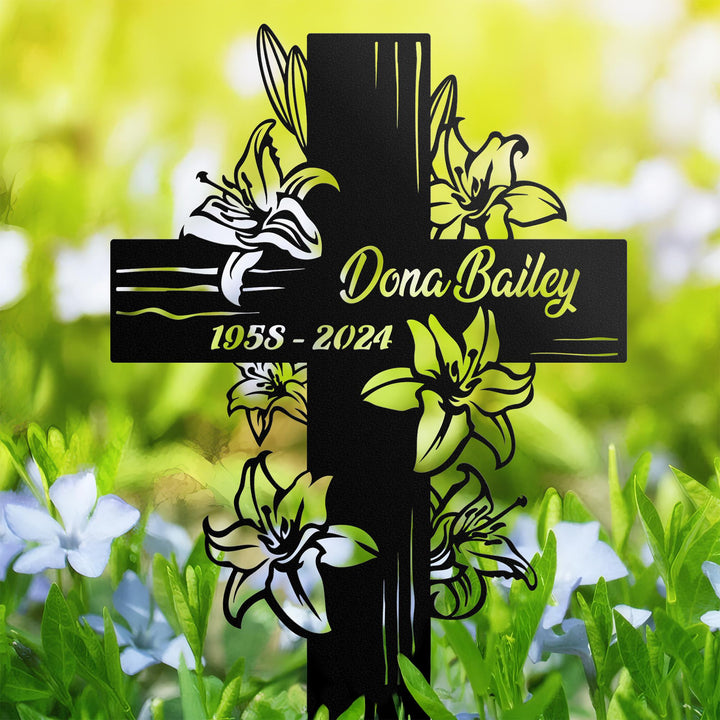 Personalized Cross With White Lilies Memorial Stake, Dad ,Mom Loss, Religion Metal Stake, Sympathy Sign, Grave Marker, Remembrance Stake