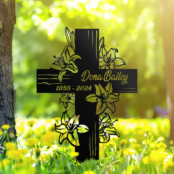 Personalized Cross With White Lilies Memorial Stake, Dad ,Mom Loss, Religion Metal Stake, Sympathy Sign, Grave Marker, Remembrance Stake