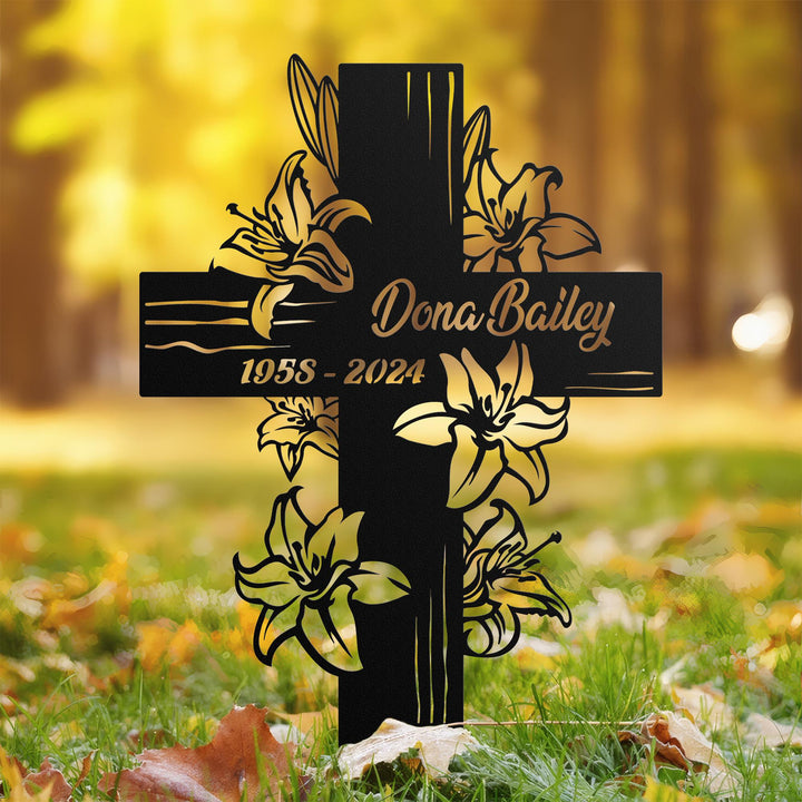 Personalized Cross With White Lilies Memorial Stake, Dad ,Mom Loss, Religion Metal Stake, Sympathy Sign, Grave Marker, Remembrance Stake