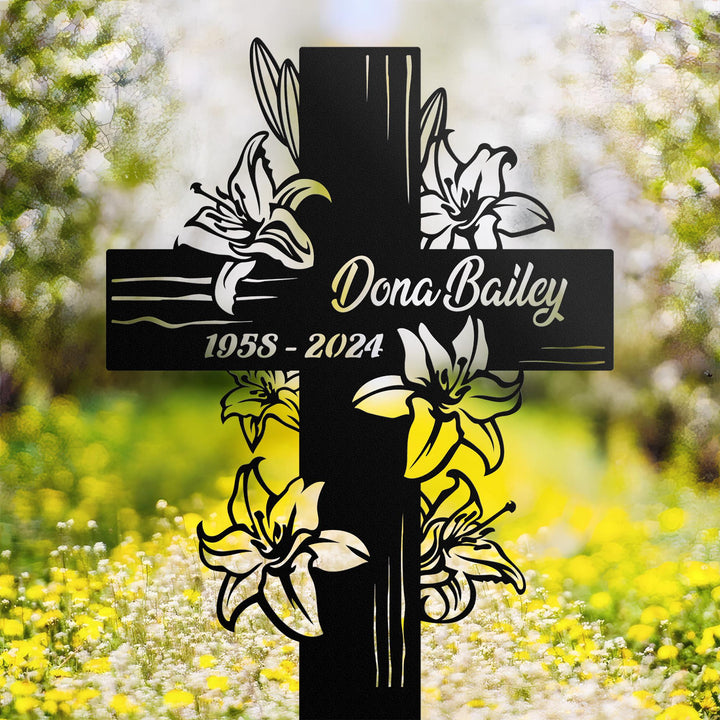 Personalized Cross With White Lilies Memorial Stake, Dad ,Mom Loss, Religion Metal Stake, Sympathy Sign, Grave Marker, Remembrance Stake