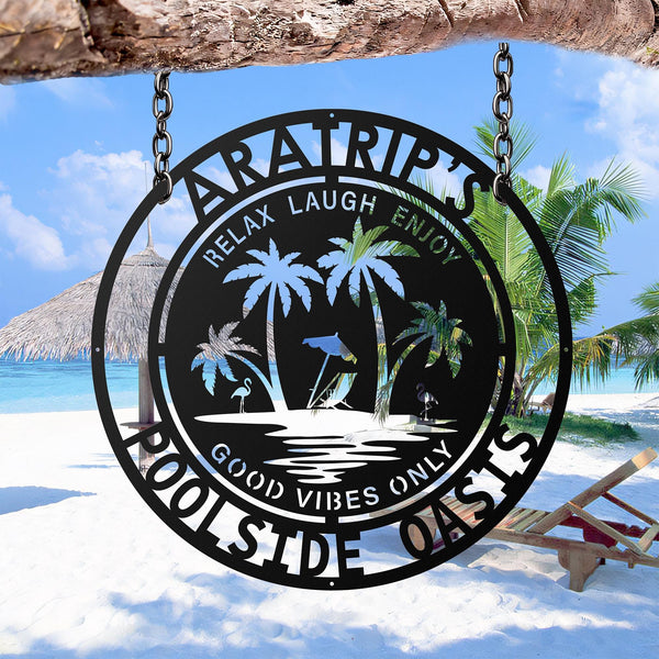 Personalized Family Poolside Metal Sign-palm tree tropical Metal wall Art-Tiki Bar Sign -Backyard Sign Decor-Welcometo The Patio WallHanging