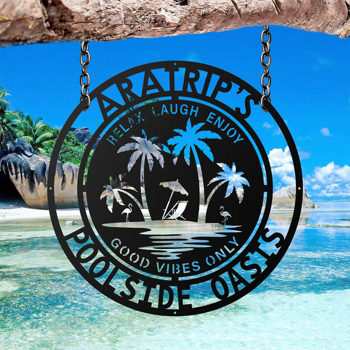 Personalized Family Poolside Metal Sign-palm tree tropical Metal wall Art-Tiki Bar Sign -Backyard Sign Decor-Welcometo The Patio WallHanging