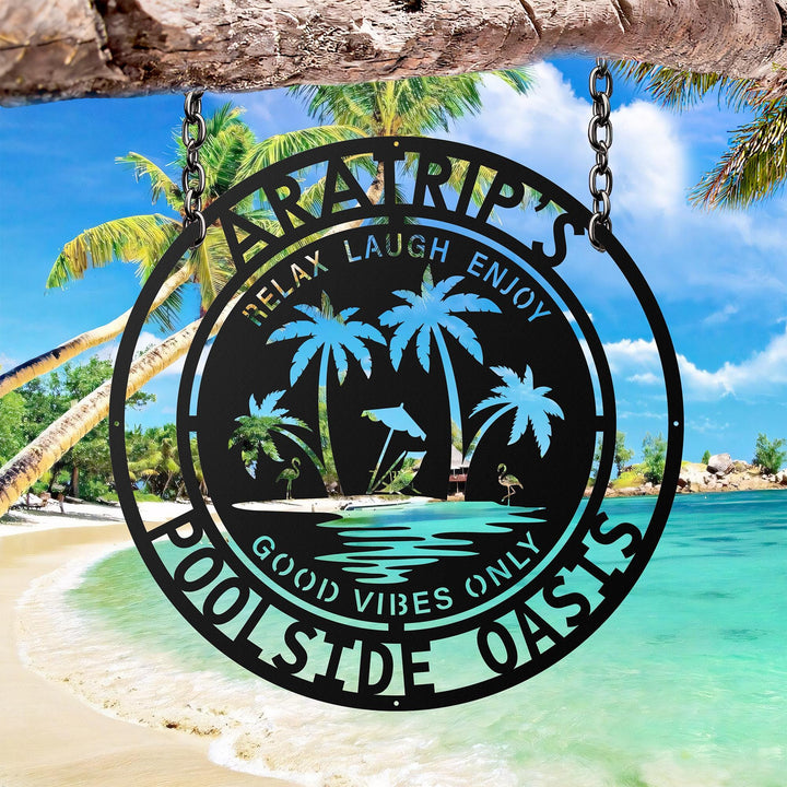 Personalized Family Poolside Metal Sign-palm tree tropical Metal wall Art-Tiki Bar Sign -Backyard Sign Decor-Welcometo The Patio WallHanging