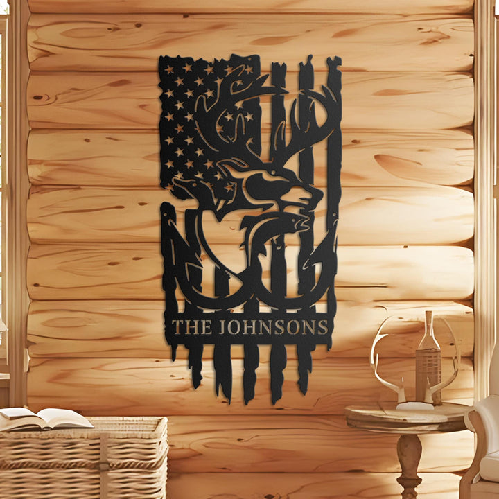 Personalized Hunting Name Sign with USA Flag, Custom Hunter Metal Wall Art, Deer & Fish Outdoor Decor, Man Cave Rustic Sign, Cabin Gift