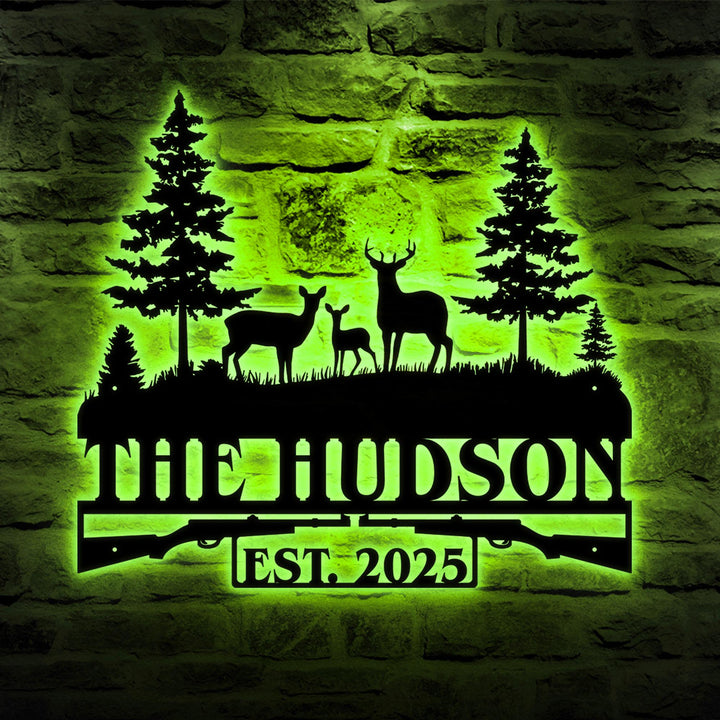 Personalized Hunting Metal Sign with Led Lights, Custom Family Name Sign, Hunting Address Metal Sign, Nature Metal Sign, Housewarming Gift
