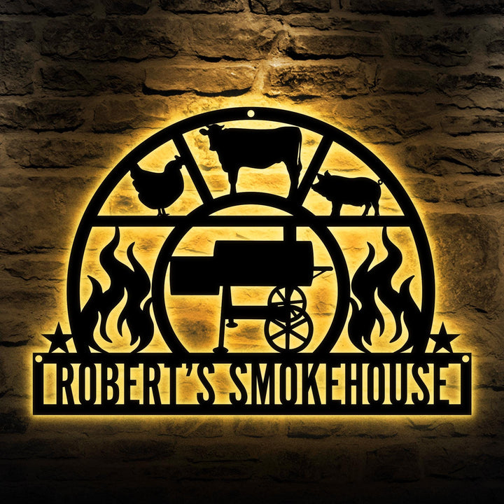 Personalized BBQ Sign Led Lights, Custom Smokehouse Metal Wall Art, Backyard Barbecue Decor, Chef Smoker Kitchen Sign, Grill Master Gift