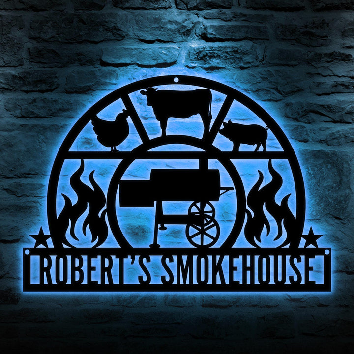 Personalized BBQ Sign Led Lights, Custom Smokehouse Metal Wall Art, Backyard Barbecue Decor, Chef Smoker Kitchen Sign, Grill Master Gift