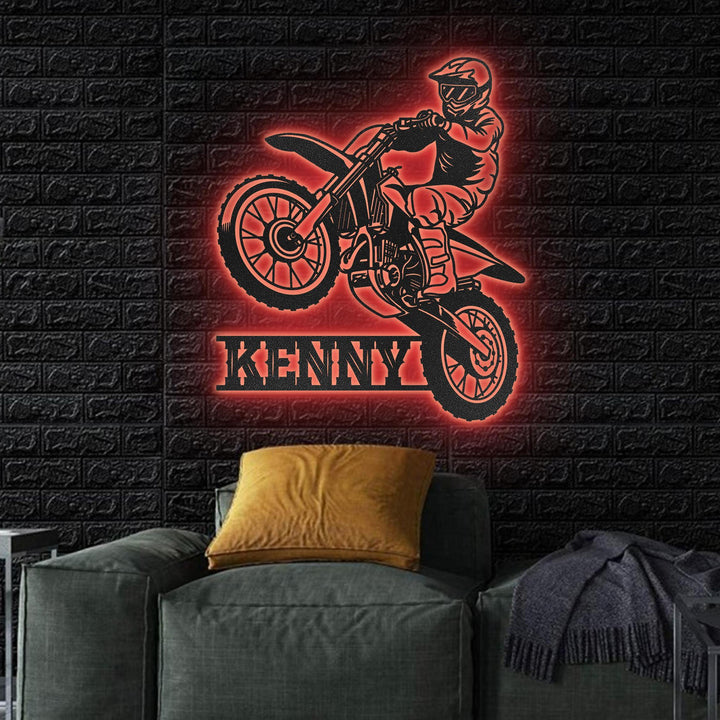 Custom Motocross Biker Metal Wall Art LED Lights, Personalized Dirt Bike Name Sign, Custom Home Motorcycle Decor Rider Decoration, Man Cave