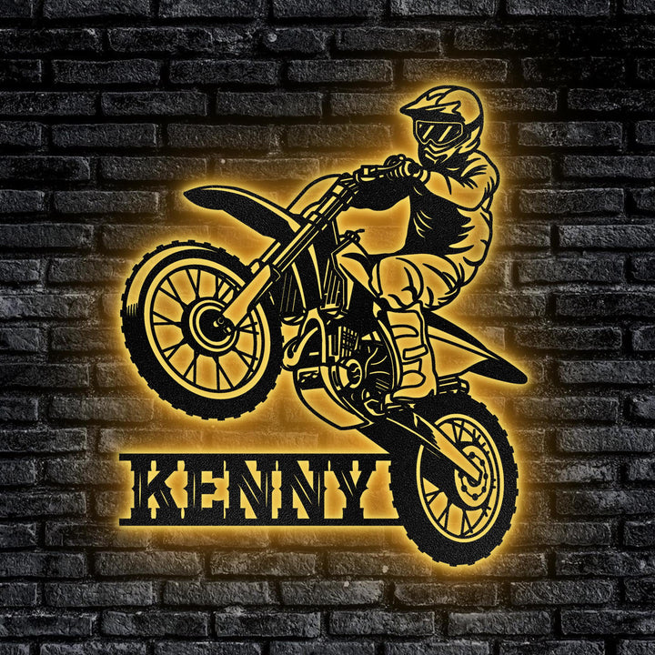 Custom Motocross Biker Metal Wall Art LED Lights, Personalized Dirt Bike Name Sign, Custom Home Motorcycle Decor Rider Decoration, Man Cave