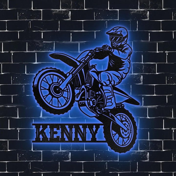 Custom Motocross Biker Metal Wall Art LED Lights, Personalized Dirt Bike Name Sign, Custom Home Motorcycle Decor Rider Decoration, Man Cave