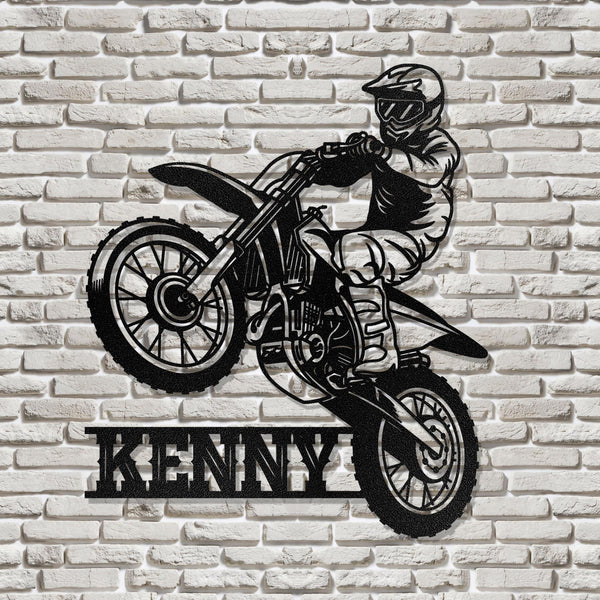Custom Motocross Biker Metal Wall Art LED Lights, Personalized Dirt Bike Name Sign, Custom Home Motorcycle Decor Rider Decoration, Man Cave