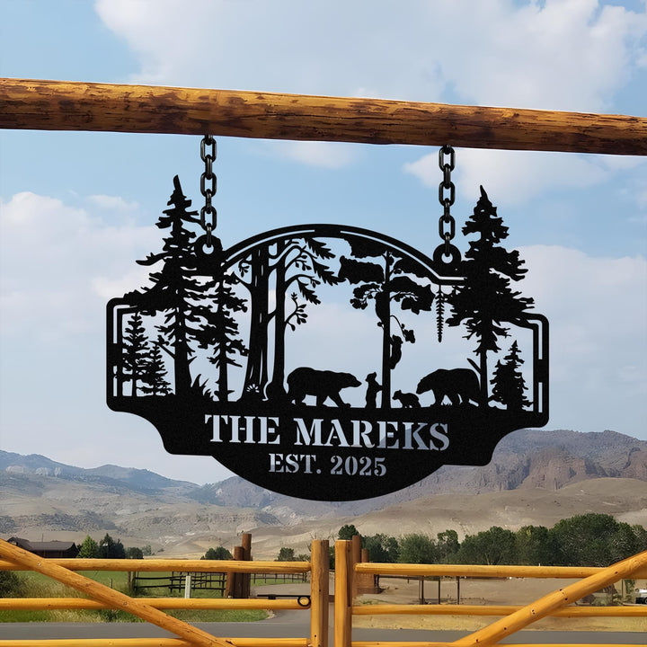 Bear Metal Sign Personalized, Bear In Woods Cabin Sign, Last Name Signs for Home,Family Name Black Bear Sign, Custom Bear Sign Dad Gift Sign